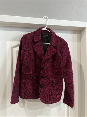 Notations Burgundy and Black Zebra-Print Double-Breasted Pea Coat